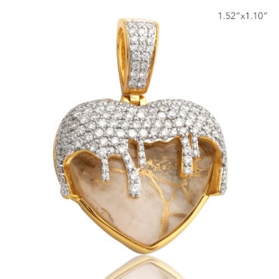 10K DIAMOND AND GOLD QUARTZ WHITE DRIPPING HEART PENDANT (2.75CT)