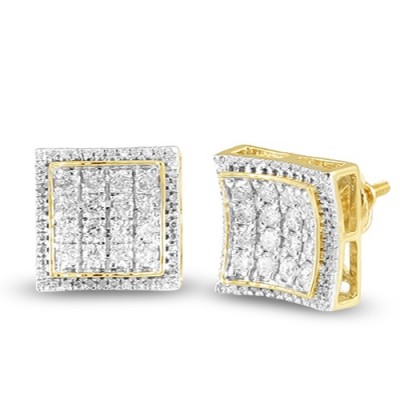 10K Diamond Square Shape Concave 3-D Earrings