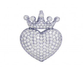 14k White Gold 3D Diamond Puff Crown Heart Pendant 2.5 CT