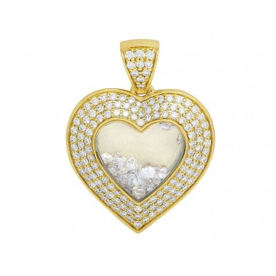 14K Yellow Gold Floating Diamond Heart Pendant Charm 1.25" 1.5CT