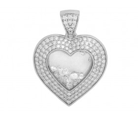 14K White Gold Floating Diamond Heart Pendant Charm 1.25" 1.5CT