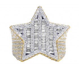 Men's 14K Yellow Gold Real Baguette Diamond Star Ring 6.45 CT 27MM
