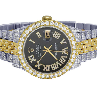 Rolex Datejust 18K/ Steel 36MM Black Dial Diamond Watch 13.0 Ct