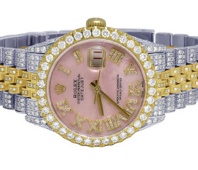 Rolex Datejust 18K/ Steel 36MM Pink Dial Diamond Watch 13.0 Ct