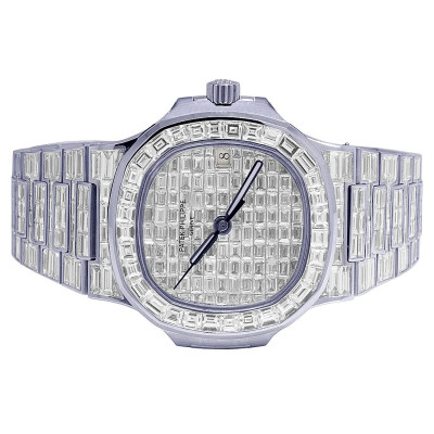 18K White Gold Patek Philippe Nautilus 5711 Baguette Diamond Watch 67.75 Ct