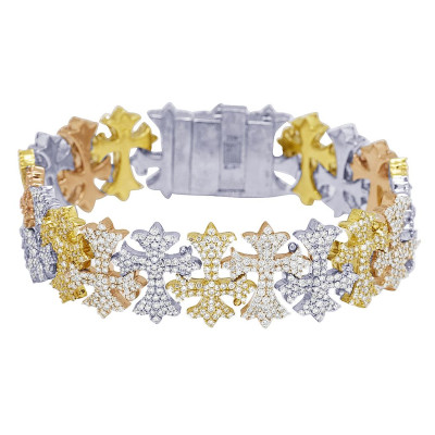 Tri Color Fleur De Lis Cross 13.5 CT Diamond Bracelet 14K Gold