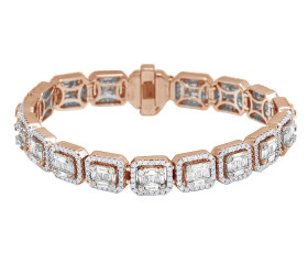  Rose-White Gold Graduating Baguette 6.35CT Diamond Halo Bracelet 7.25" 9MM