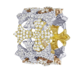  Tri Color Fleur De Lis Cross 5.5 CT Diamond Eternity Ring 19MM