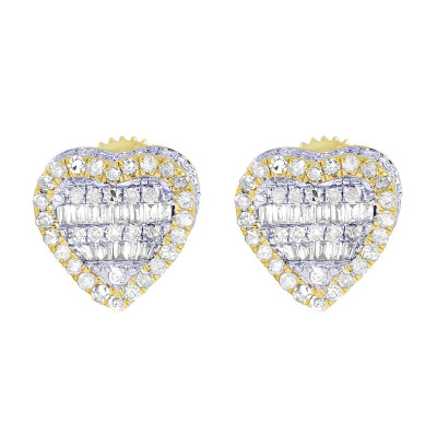 Yellow Gold Heart Baguette Diamond Stud Earrings 9MM 0.65 CT