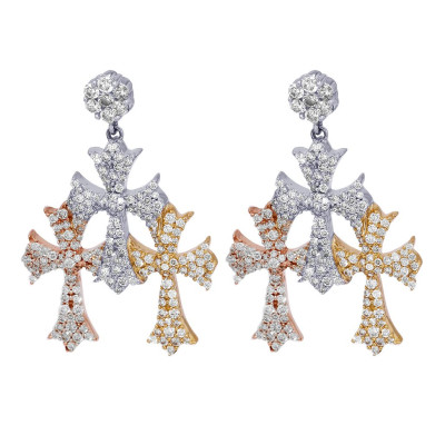 Tri Color Cross Drop Diamond Earrings 2CT Gold 1.2"