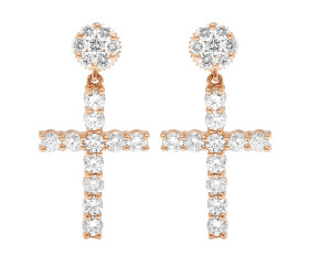 Ladies 10K Gold Real Diamond Flower Cluster Cross Dangle Earring 28MM 2CT