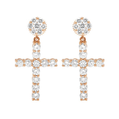 Ladies 10K Gold Real Diamond Flower Cluster Cross Dangle Earring 28MM 2CT