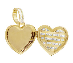 Yellow Gold baguette 2.8CT Diamond Heart Memory Locket 1.5" Pendant