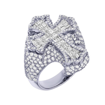 Baguette Cross 4.8CT Diamond Pinky Ring 14k White Gold 22mm