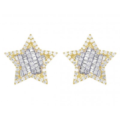 14K Gold Baguette Diamond Star Earrings 13MM .75 CT