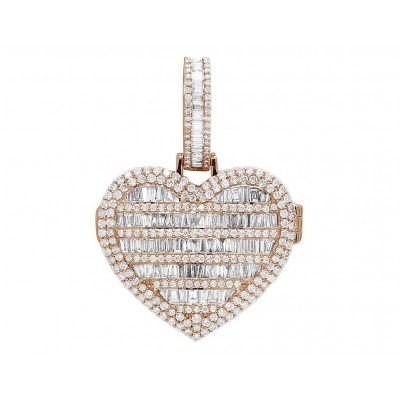 14k Rose Gold baguette 4CT Diamond Heart Memory Locket 1.5" Pendant