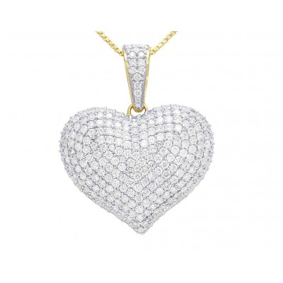 14K Gold Real Diamond Puff Heart Pendant 0.75" 2 CT