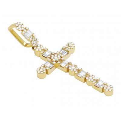 Unisex 14K Gold Real Diamond Flower Cluster Baguette Cross 2" 1.5CT
