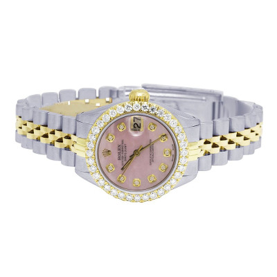 Ladies Rolex 18K/ Steel Datejust 26MM Pink MOP Dial Diamond Watch 2.5 Ct