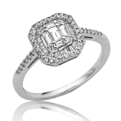14K Baguette Diamond Bridal Ring with Halo (0.55ct)