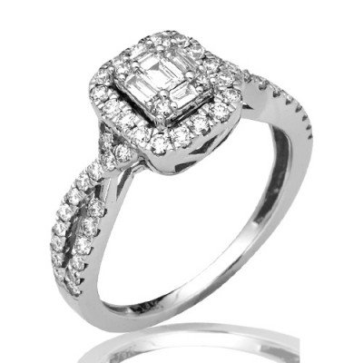 14K Diamond Baguette Bridal Ring with Halo (0.85ct)