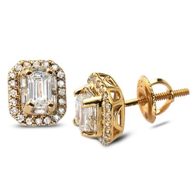 14K Emerald Baguette Halo Diamond Earrings (1.00ct)