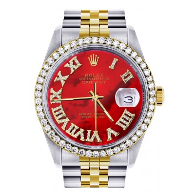 Rolex Datejust 18k TwoTone 5cts Diamonds 16233 | 36MM | Diamond Red Roman Dial